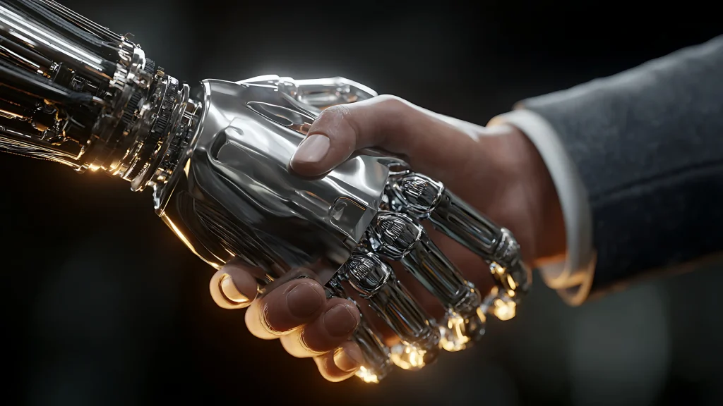 A human hand shaking a robotic hand, symbolizing human-machine collaboration.