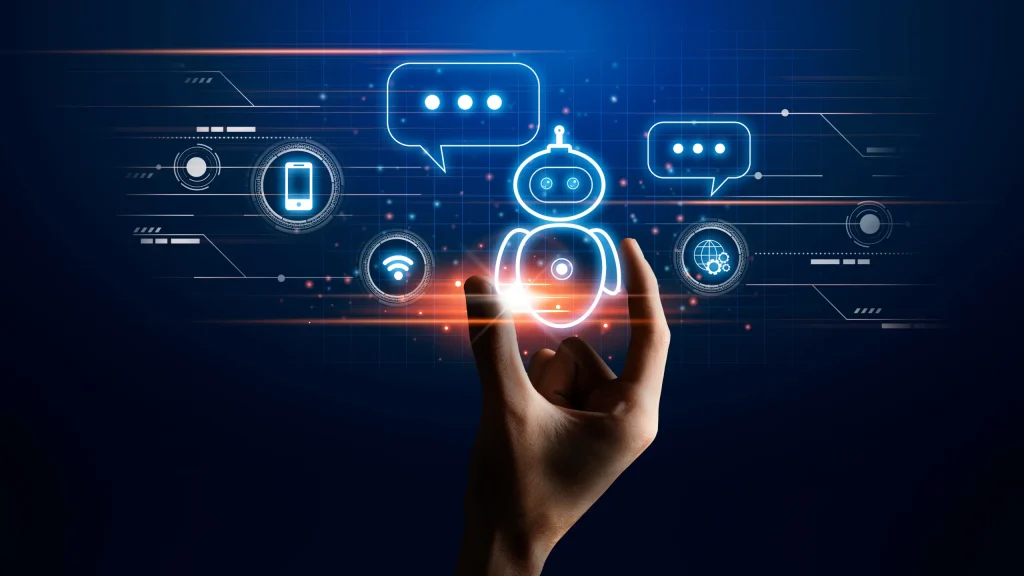 Hand interacting with a digital robot interface, showcasing AI technology and communication icons.