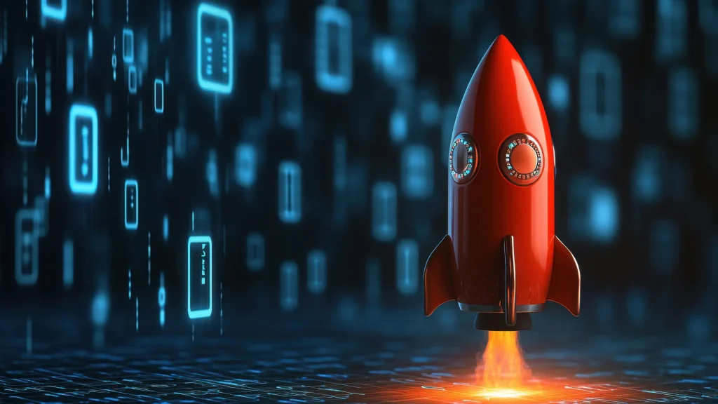 Red rocket launching with digital binary code background, symbolizing innovation and technology.
