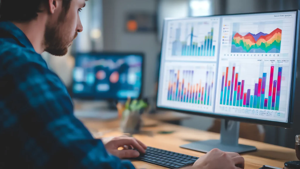 A person analyzing colorful charts and graphs on a dual-monitor computer setup, focusing on data analytics.